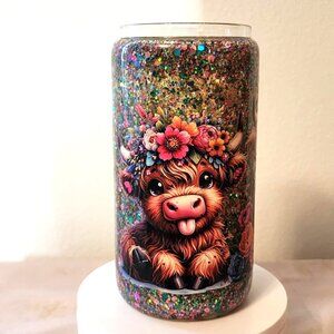 Handmade Glitter Snow Globe Cup 16 Oz. Glass Yak Lid & Straw Fast Flow. B/117